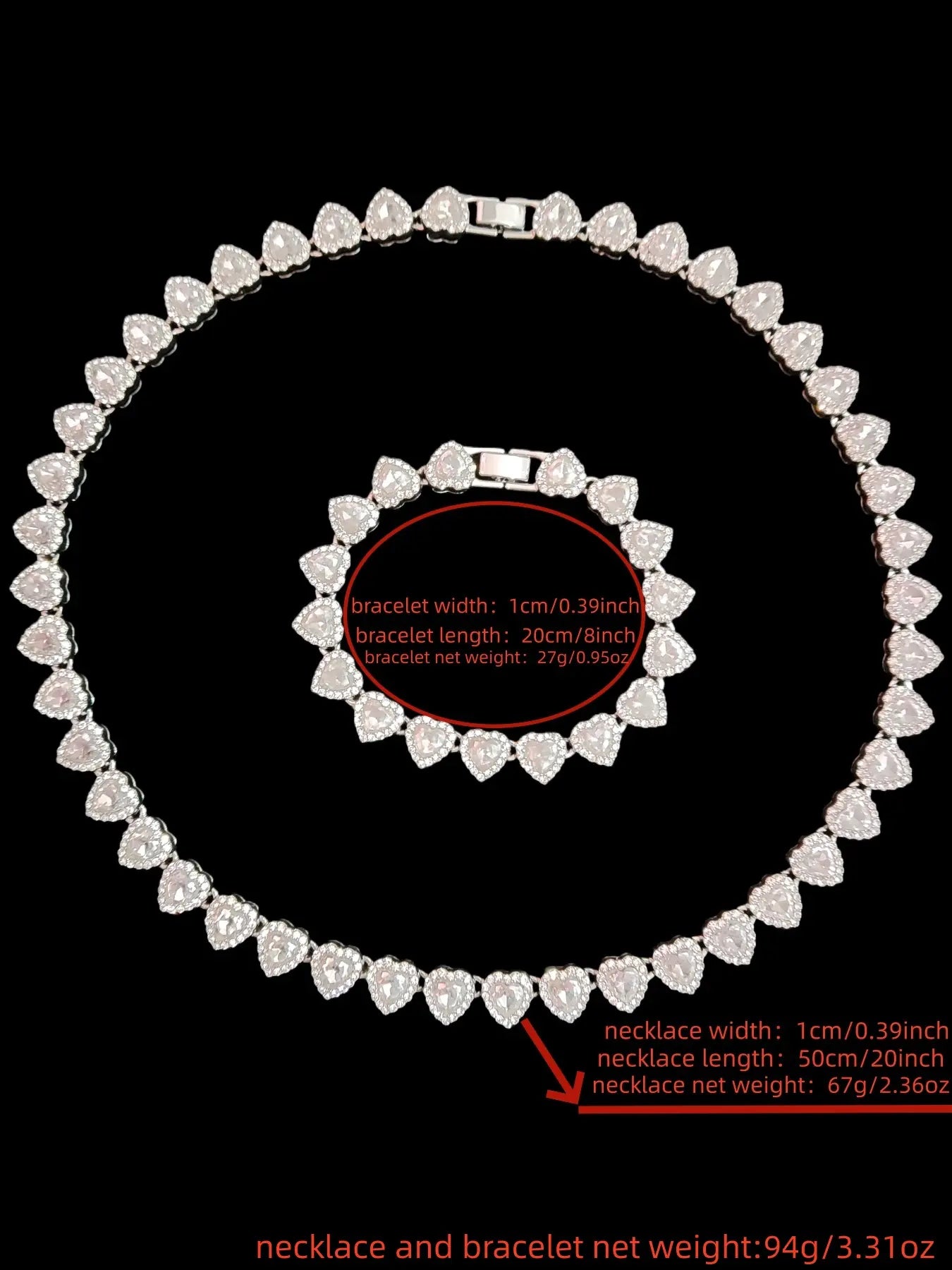 2 Pieces/Set 10Mm Love Heart Shape Chain Necklace and Bracelet for Men or Women, Hip Hop Iced Out Bling Bling Fashionable Jewelry Set