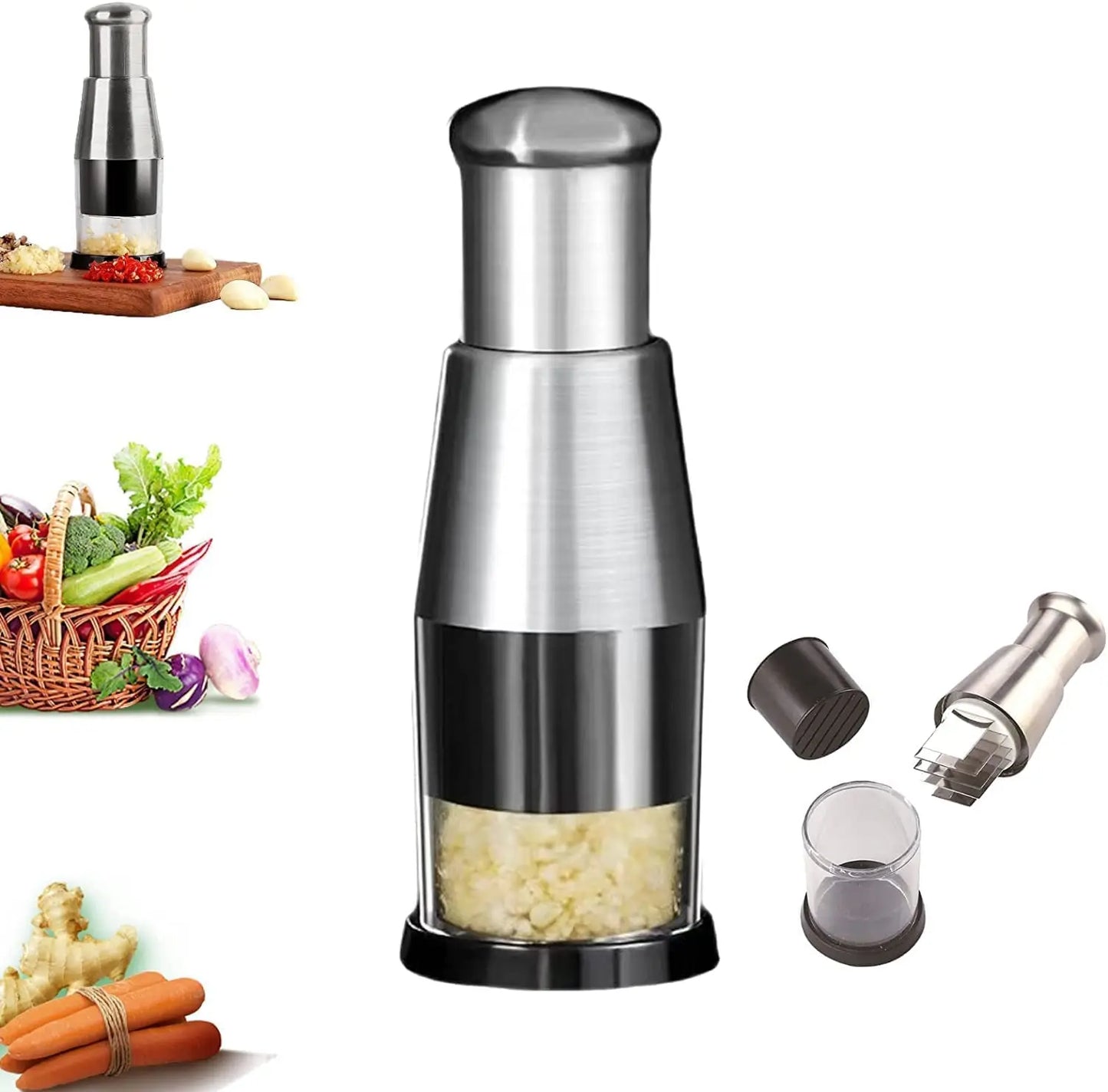Multifunctional Stainless Steel Garlic Chopper, Onion Press, Manual Vegetable Chopper, Easy Clean, Silver